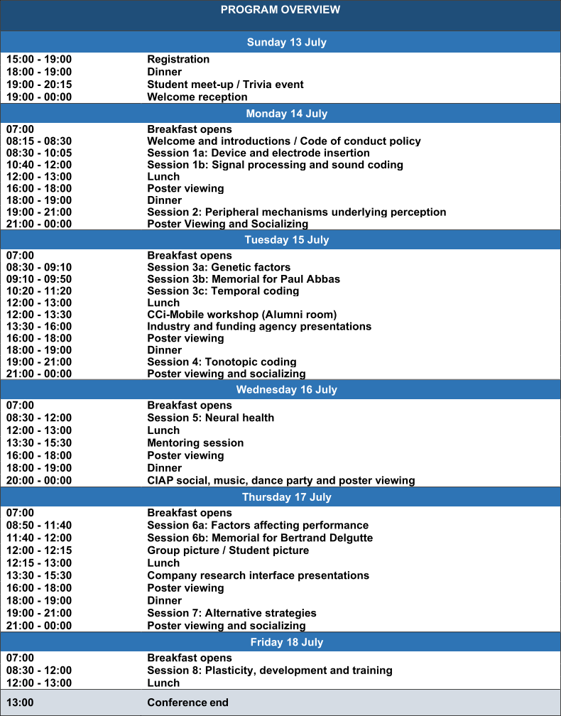 PROGRAM OVERVIEW     Sunday  13   Jul y   15:00  -   19 :00   Registration   18:00  -   19:00   Dinner   19:00  -   20:15   Student  meet - up   /   Trivia  event   19:00  -   00:00   Welcome  reception   Monday 1 4   Jul y   07:00   Breakfast  opens   08:15  -   08:30   Welcome and  introductions   /  Code of  conduct policy   08:30  -   1 0: 0 5   Session 1 a :  Device and electrode insertion   10:40  -   12:00   Session 1b: Signal processing and sound coding   12:00  -   13:00   Lunch   16:00  -   18:00   Poster  viewing   18:00  -   19:00   Dinner   19:00  -   21:00   Session 2:  Peripheral mechanisms underlying perception   21:00  -   00:00   Poster Viewing and Socializing   Tuesday 1 5   July   07:00   Breakfast  opens   08:30  -   09:10   Session 3a:  Genetic factors   09:10  -   09:50   Session 3b:  Memorial for Paul Abbas   10:20  -   11:20   Session 3 c : Temporal coding   12:00  -   13:00   Lunch     12:00  -   13:30   CCi - Mobile workshop (Alumni room)   13:30  -   16: 00   Industry and  funding agency   presentations   16:00  -   18:00   Poster  viewing   18:00  -   19:00   Dinner   19:00  -   21:00   Session 4:  Tonotopic coding   21:00  -   00:00   Poster  viewing and socializing   Wednesday 1 6   July   07:00   Breakfast  opens   08:30  -   1 2 :00   Session 5:  Neural health   12:00  -   13:00   Lunch   1 3 : 3 0  -   15:30   Mentoring  session   16:00  -   18:00   Poster  viewing   18:00  -   19:00   Dinner   20:00  -   00:00   CIAP  social, music, dance party and poster viewing   Thursday 1 7   July   07:00   Breakfast  opens   08: 5 0  -   1 1 : 4 0   Session 6 a :  Factors affecting performance   11:40  -   12:00   Session 6b: Memorial for Bertrand  Delgutte   12:00  -   12:15   Group  picture   / Student  picture   12:15  -   13:00   Lunch   13:30  -   15:30   Company r esearch interface  presentations   16:00  -   18:00   Poster  viewing   18:00  -   19:00   Dinner   19:00  -   21:00   Session 7:  Alternative strategies   21:00  -   00:00   Poster  viewing and socializing   Friday 1 8   July   07:00   Breakfast  opens   08:30  -   12:00   Session 8:  Plasticity, development and training    12:00  -   13:00   Lunch   13:00   Conference   end